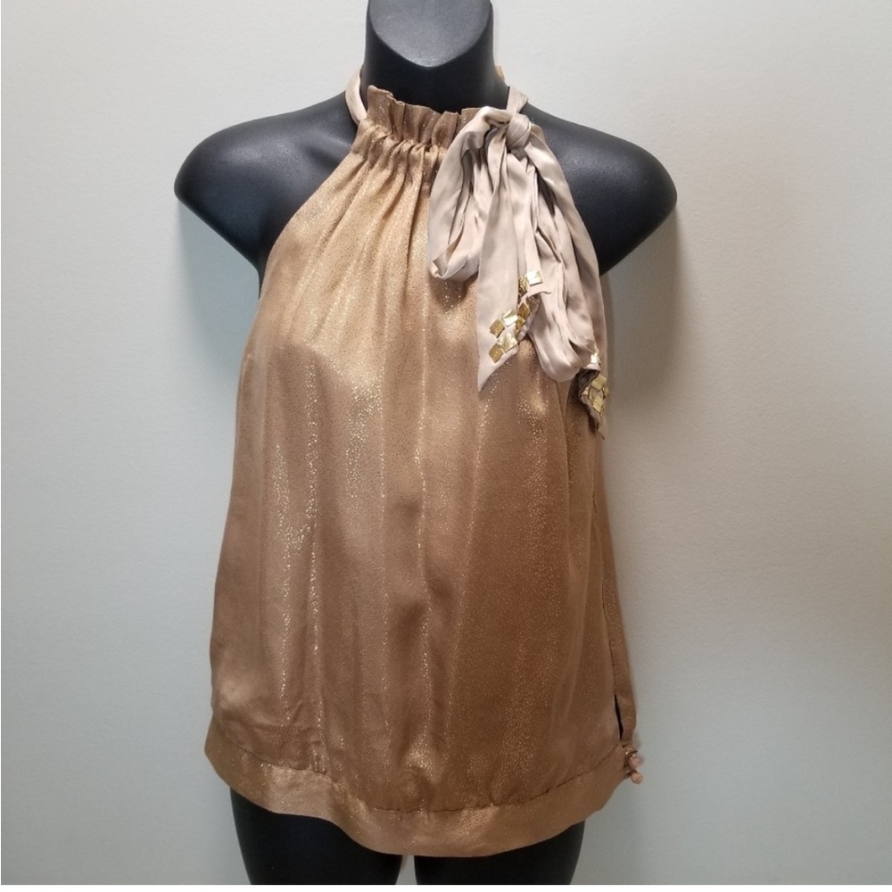 Hale Bob metallic gold halter top with bow tie Sz M - Picture 1 of 13
